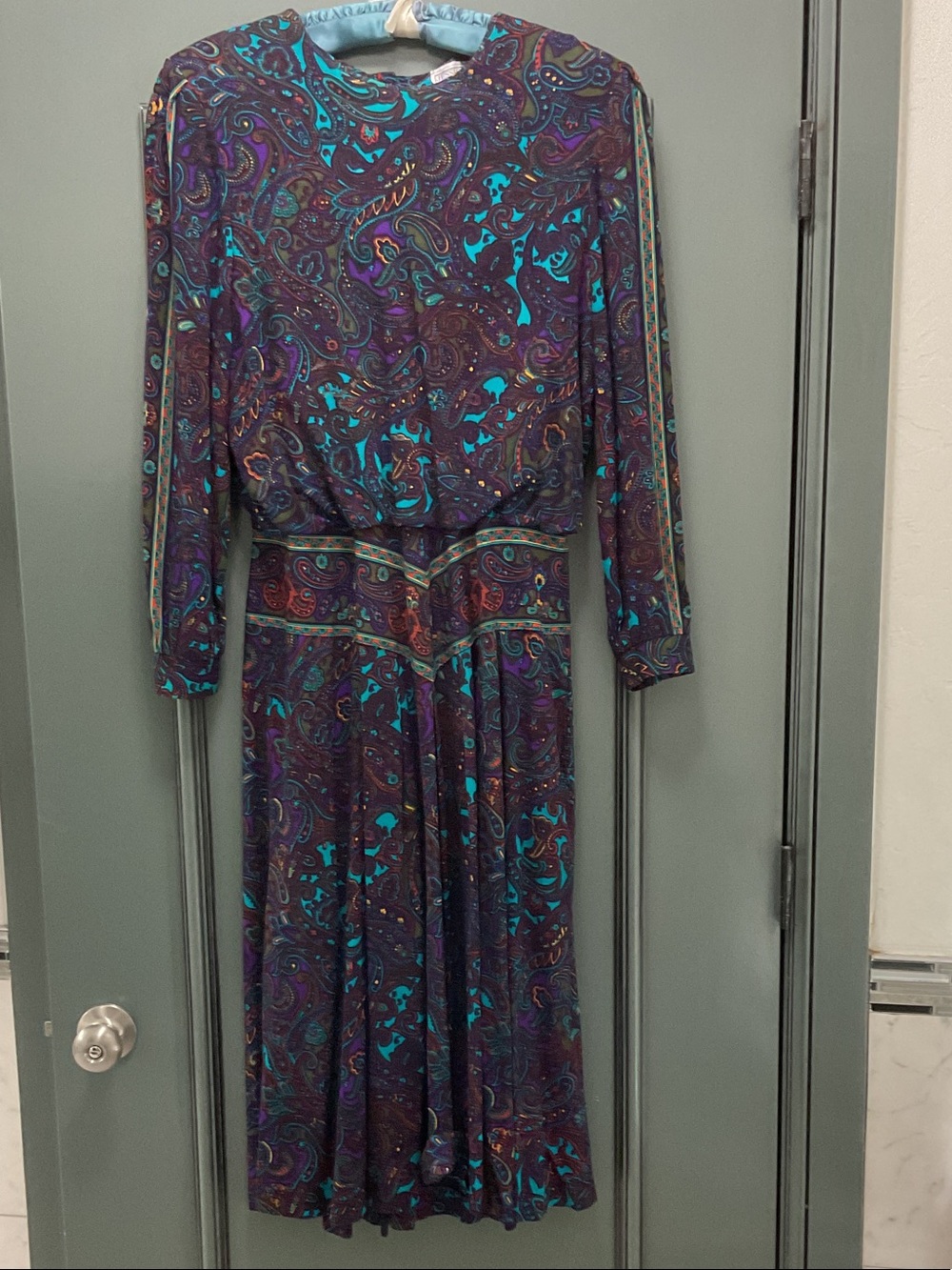 80’s Jessica Howard Teal & Purple Paisley Long Sleeve Dress for office/party